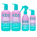 Four colorful bottles from the Giovanni Cosmetics KIDs Bundle, which includes a 2-in-1 shampoo and conditioner, moisturizing body wash, hair detangling spray, and styling elixir, are arranged in a row on a white background.