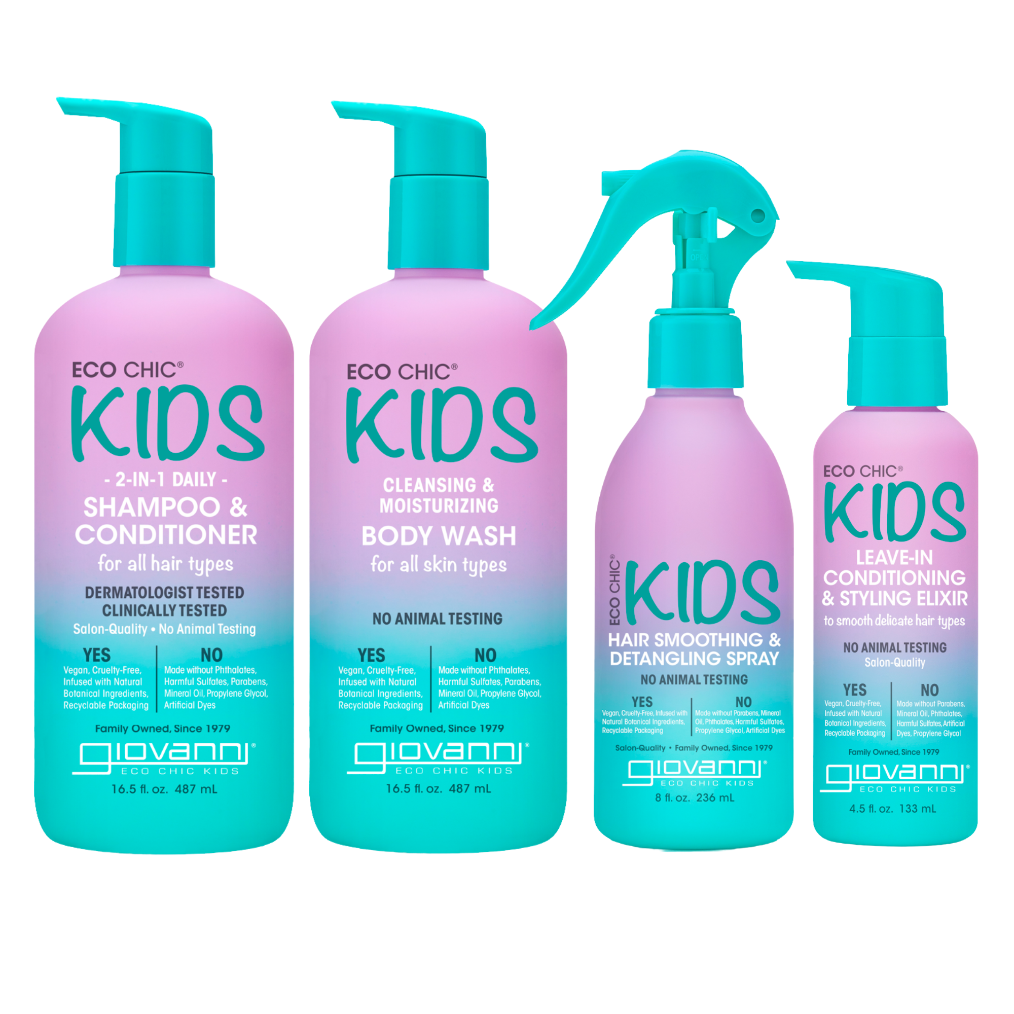 Four colorful bottles from the Giovanni Cosmetics KIDs Bundle, which includes a 2-in-1 shampoo and conditioner, moisturizing body wash, hair detangling spray, and styling elixir, are arranged in a row on a white background.