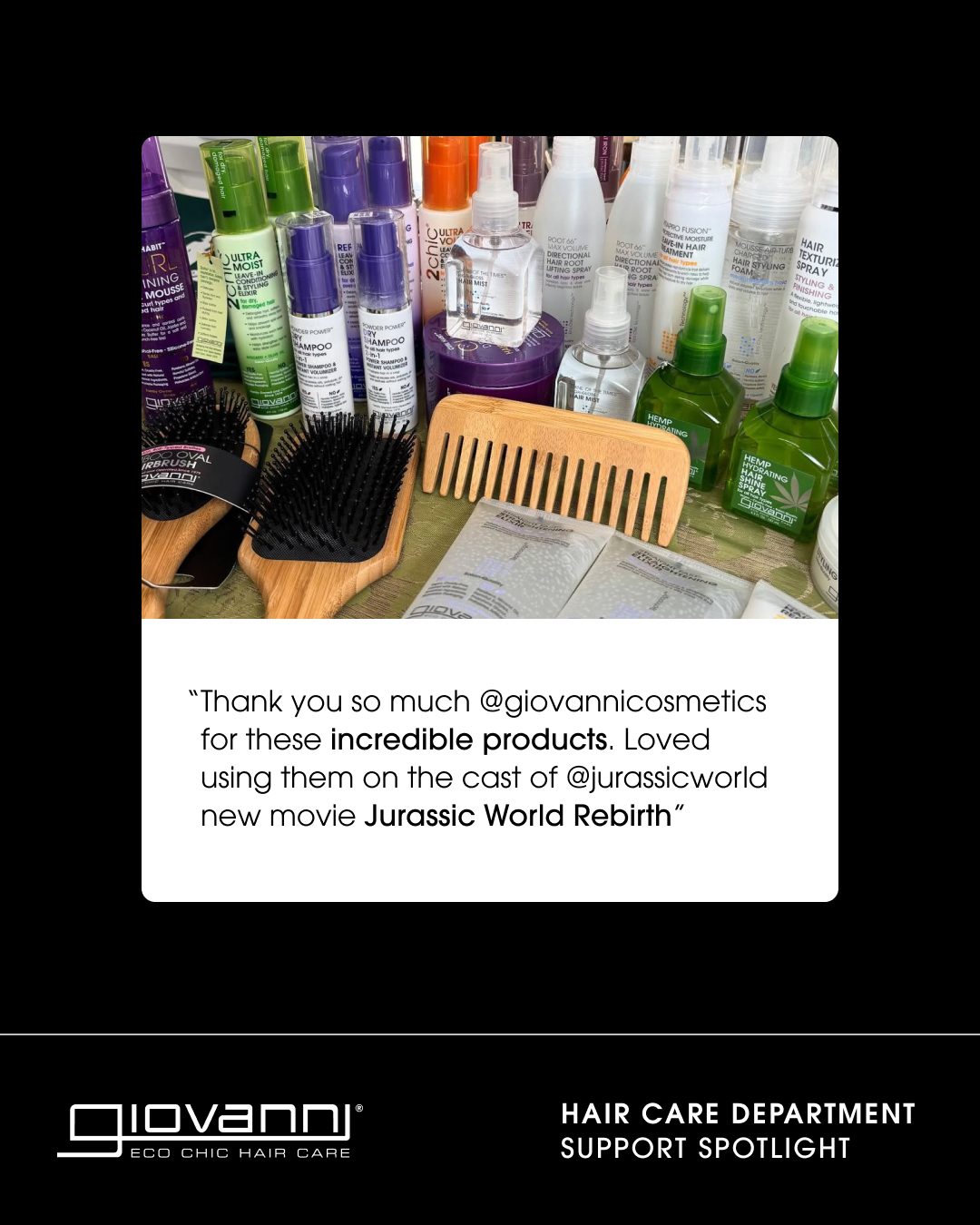 Collection of Giovanni hair care products and tools on a table