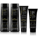 Four black bottles and tubes of Giovanni Cosmetics’ Lived-In Texture System—including a styling gel, texturizing shampoo, conditioner, and defining cream—each featuring gold and white text on the front labels, arranged side by side on a white background for the ultimate textured hair routine.