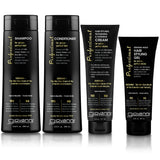 Four black bottles and tubes of Giovanni Cosmetics’ Lived-In Texture System—including a styling gel, texturizing shampoo, conditioner, and defining cream—each featuring gold and white text on the front labels, arranged side by side on a white background for the ultimate textured hair routine.