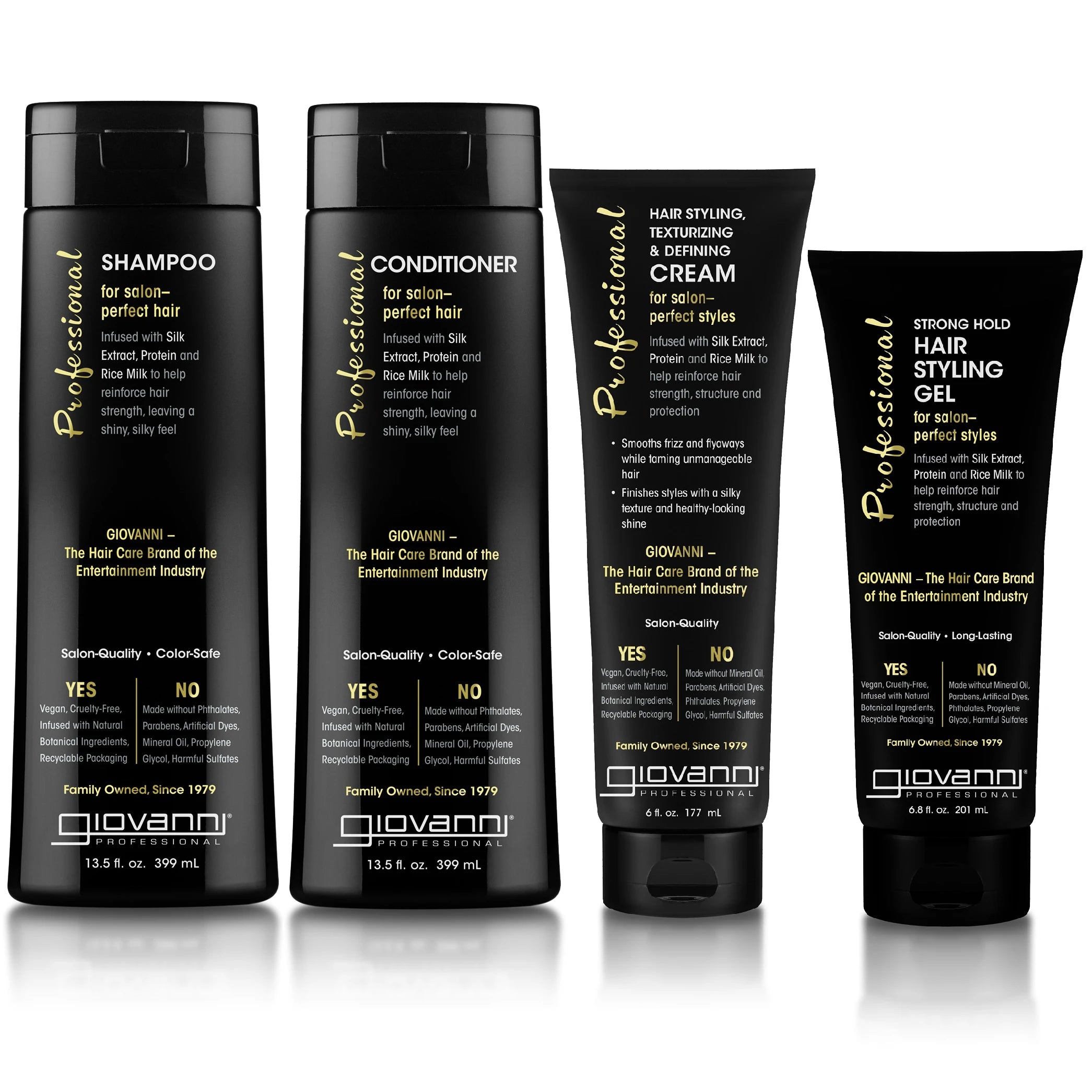 Four black bottles and tubes of Giovanni Cosmetics’ Lived-In Texture System—including a styling gel, texturizing shampoo, conditioner, and defining cream—each featuring gold and white text on the front labels, arranged side by side on a white background for the ultimate textured hair routine.