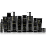 A selection of eleven black bottles and tubes, labeled Giovanni Cosmetics, arranged in a row against a white background showcases the Build Your Own Professional Bundle. This customizable Giovanni hair care set offers a variety of professional essentials in different sizes and types—including shampoo, conditioner, gel, and pomade.