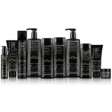A selection of eleven black bottles and tubes, labeled Giovanni Cosmetics, arranged in a row against a white background showcases the Build Your Own Professional Bundle. This customizable Giovanni hair care set offers a variety of professional essentials in different sizes and types—including shampoo, conditioner, gel, and pomade.