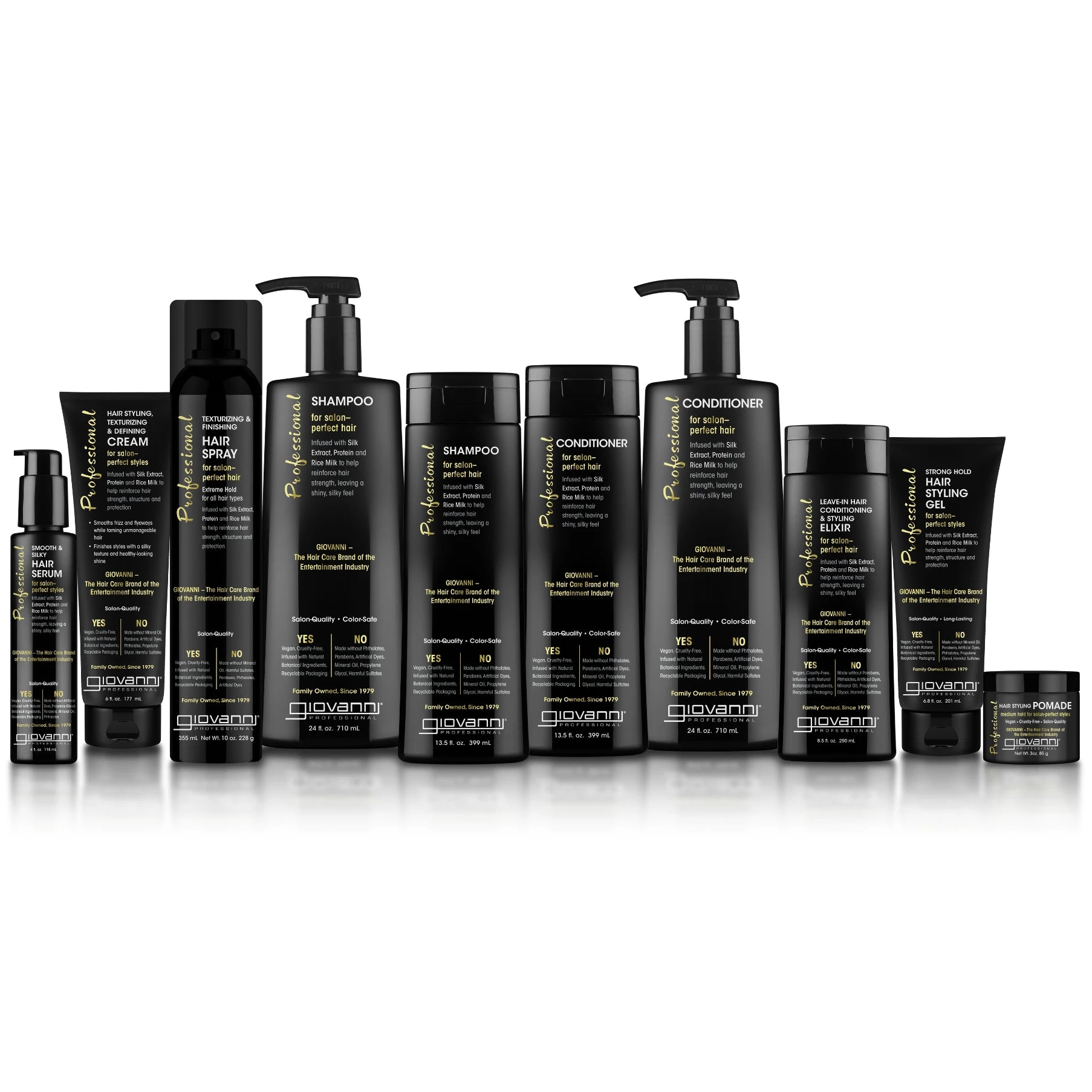 A selection of eleven black bottles and tubes, labeled Giovanni Cosmetics, arranged in a row against a white background showcases the Build Your Own Professional Bundle. This customizable Giovanni hair care set offers a variety of professional essentials in different sizes and types—including shampoo, conditioner, gel, and pomade.