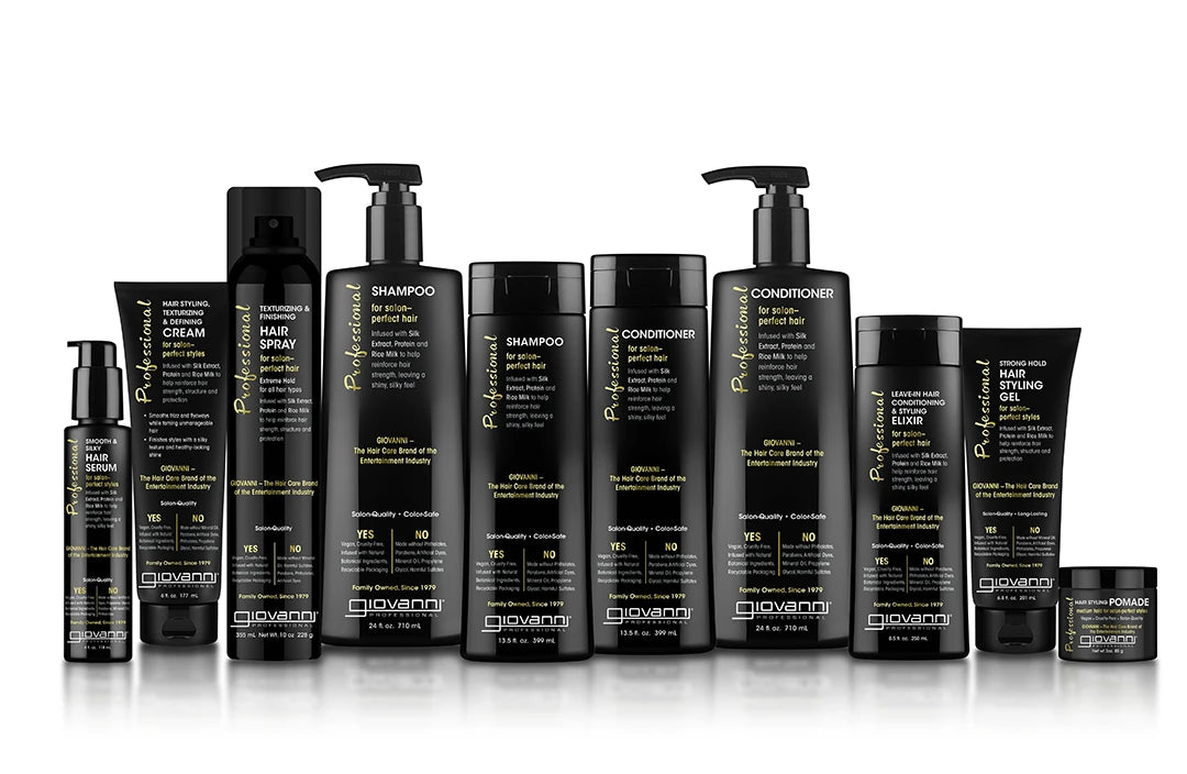 A Giovanni Professional Collection bottles arranged on a reflective white surface.