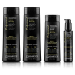 Four Giovanni Professional hair care bottles including shampoo, conditioner, leave-in hair conditioning & styling elixir, and a hair serum.