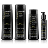 Four Giovanni Professional hair care bottles including shampoo, conditioner, leave-in hair conditioning & styling elixir, and a hair serum.