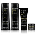 Four black Giovanni Cosmetics Sleek Hold System product containers are arranged in a row: shampoo, conditioner, strong hold hair styling gel, and hair styling pomade—all featuring white and gold lettering on a white background. The Sleek Hold System delivers salon-quality care for a polished finish every time.