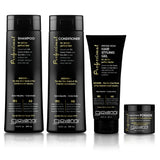 Four black Giovanni Cosmetics Sleek Hold System product containers are arranged in a row: shampoo, conditioner, strong hold hair styling gel, and hair styling pomade—all featuring white and gold lettering on a white background. The Sleek Hold System delivers salon-quality care for a polished finish every time.