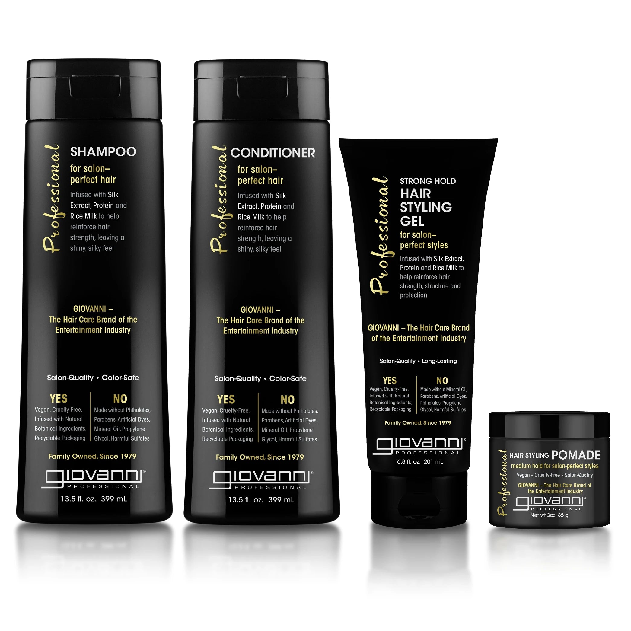 Four black Giovanni Cosmetics Sleek Hold System product containers are arranged in a row: shampoo, conditioner, strong hold hair styling gel, and hair styling pomade—all featuring white and gold lettering on a white background. The Sleek Hold System delivers salon-quality care for a polished finish every time.