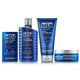 The Giovanni Cosmetics The Classic Bundle features four men’s hair and body care products—a body bar, shampoo & conditioner, styling gel, and hair clay—all in blue packaging, arranged side by side on a white background.